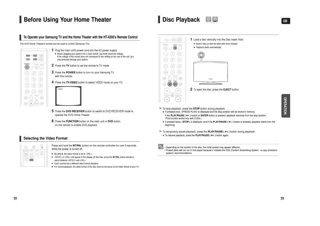 Samsung HT-X200T/ADL, HT-X200R/XEF, HT-X200R/XET, HT-X200R/XEO Before Using Your Home Theater, Selecting the Video Format 