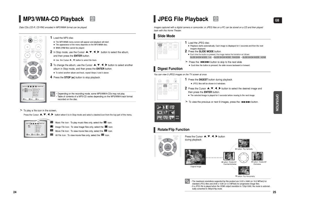 Samsung HT-X200R/XEF MP3/WMA-CD Playback MP3, Jpeg File Playback Jpeg, Slide Mode, Digest Function, Rotate/Flip Function 