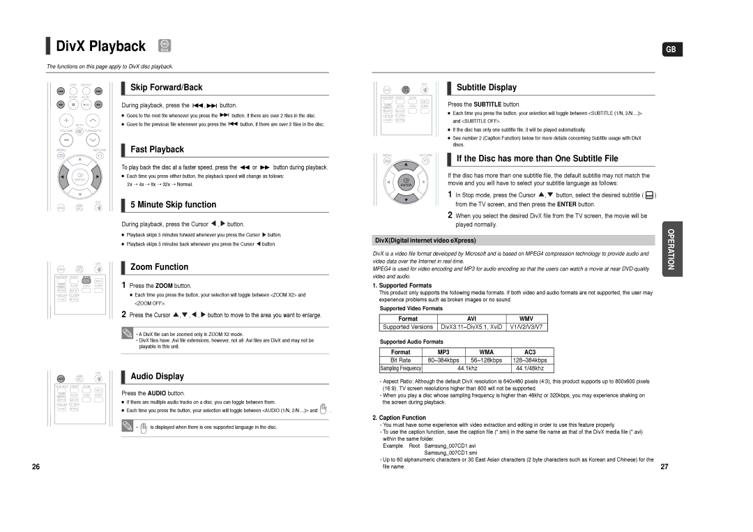 Samsung HT-X200R/XET, HT-X200T/ADL, HT-X200R/XEF, HT-X200R/XEO manual DivX Playback DivX 