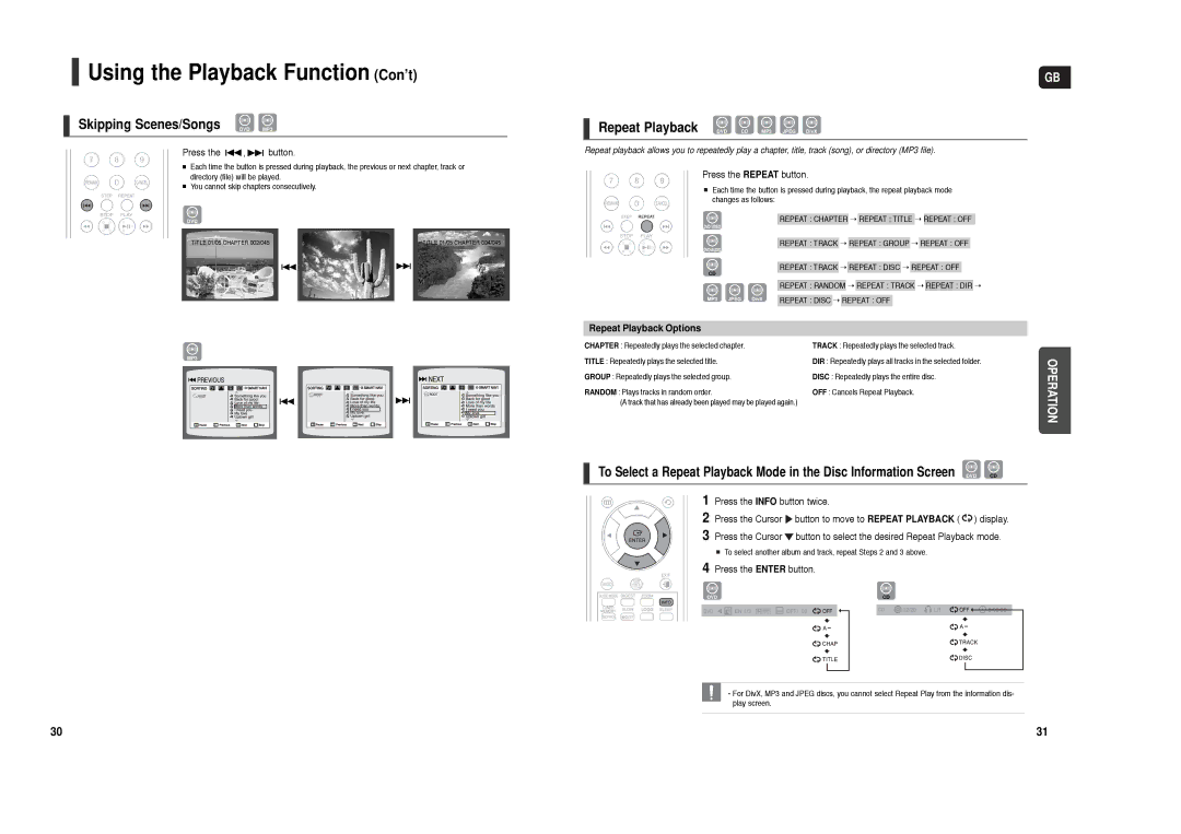 Samsung HT-X200T/ADL manual Using the Playback Function Con’t, Skipping Scenes/Songs DVD MP3, Repeat Playback Options 