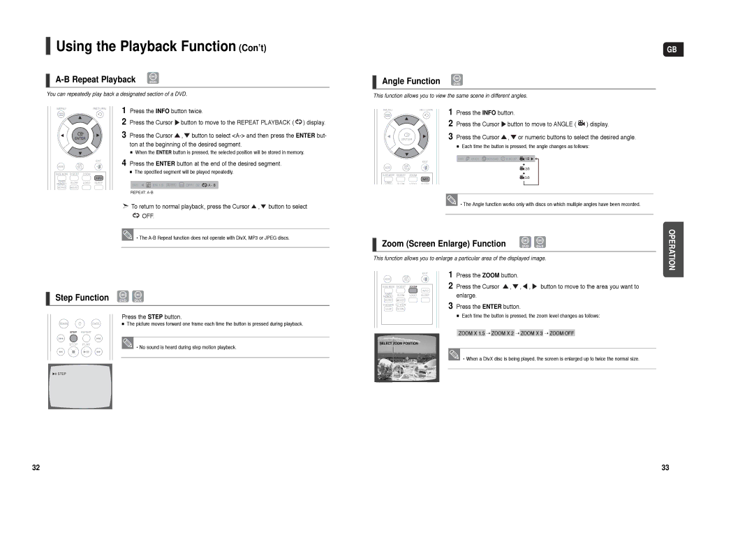 Samsung HT-X200R/XEF, HT-X200T/ADL, HT-X200R/XET manual Repeat Playback DVD, Step Function DVD DivX, Angle Function DVD 