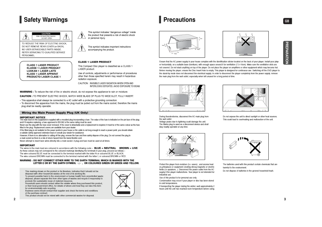 Samsung HT-X200R/XET, HT-X200T/ADL, HT-X200R/XEF, HT-X200R/XEO manual Safety Warnings, Precautions 