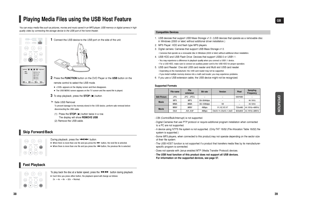 Samsung HT-X200T/ADL manual To stop playback, press the Stop button Safe USB Removal, During playback, press the button 