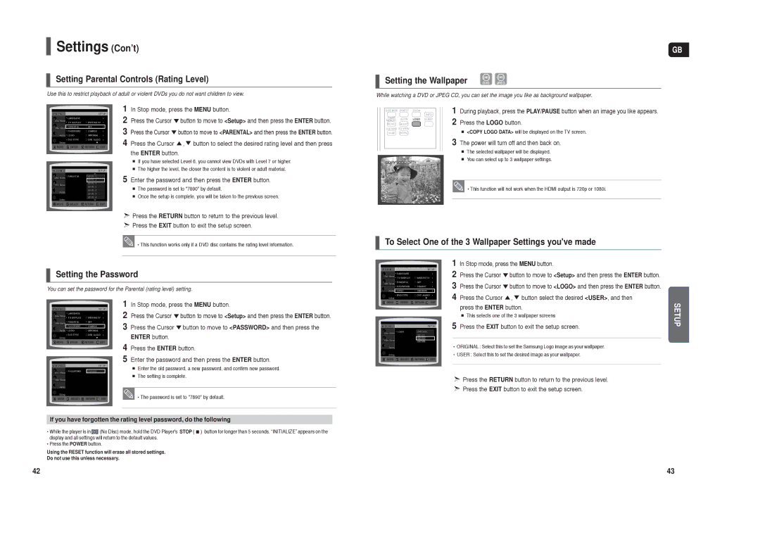 Samsung HT-X200R/XET Settings Con’t, Setting Parental Controls Rating Level, Setting the Wallpaper, Setting the Password 