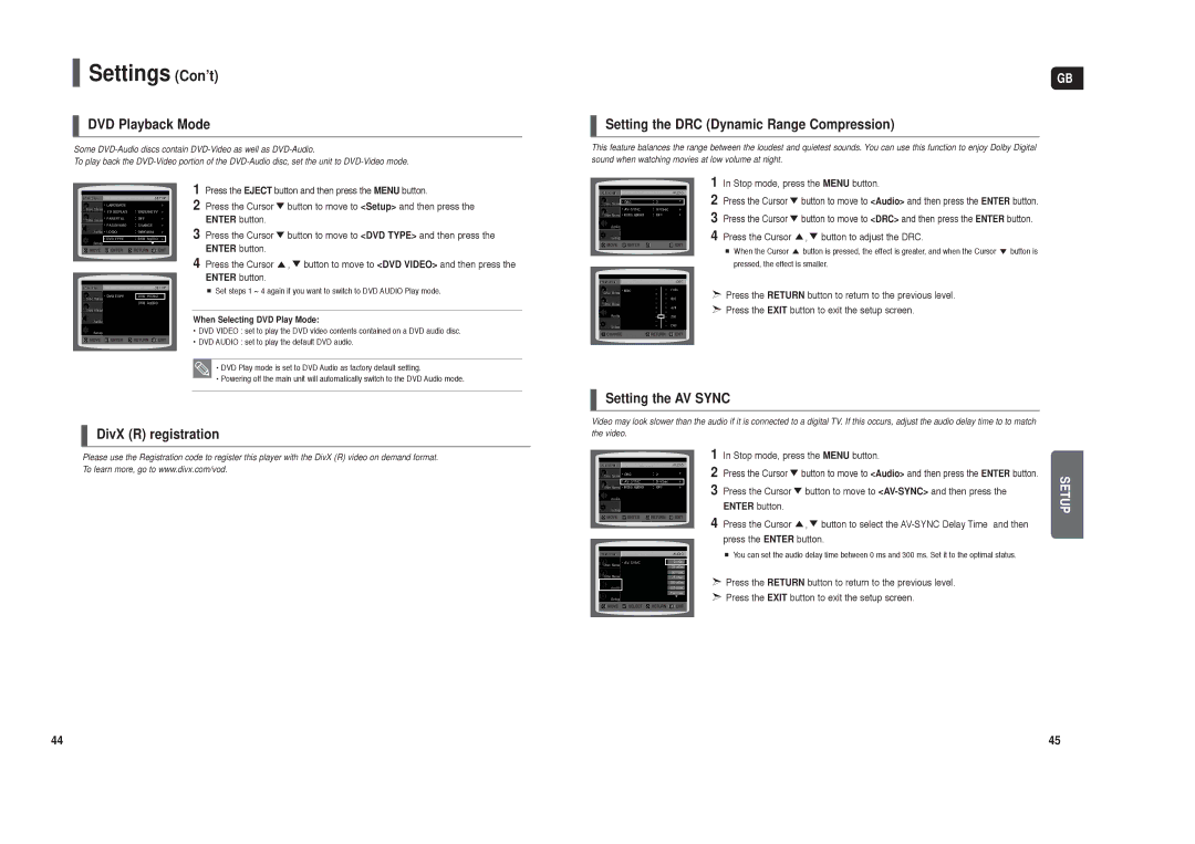 Samsung HT-X200R/XEO, HT-X200T/ADL manual DVD Playback Mode, Setting the DRC Dynamic Range Compression, Setting the AV Sync 