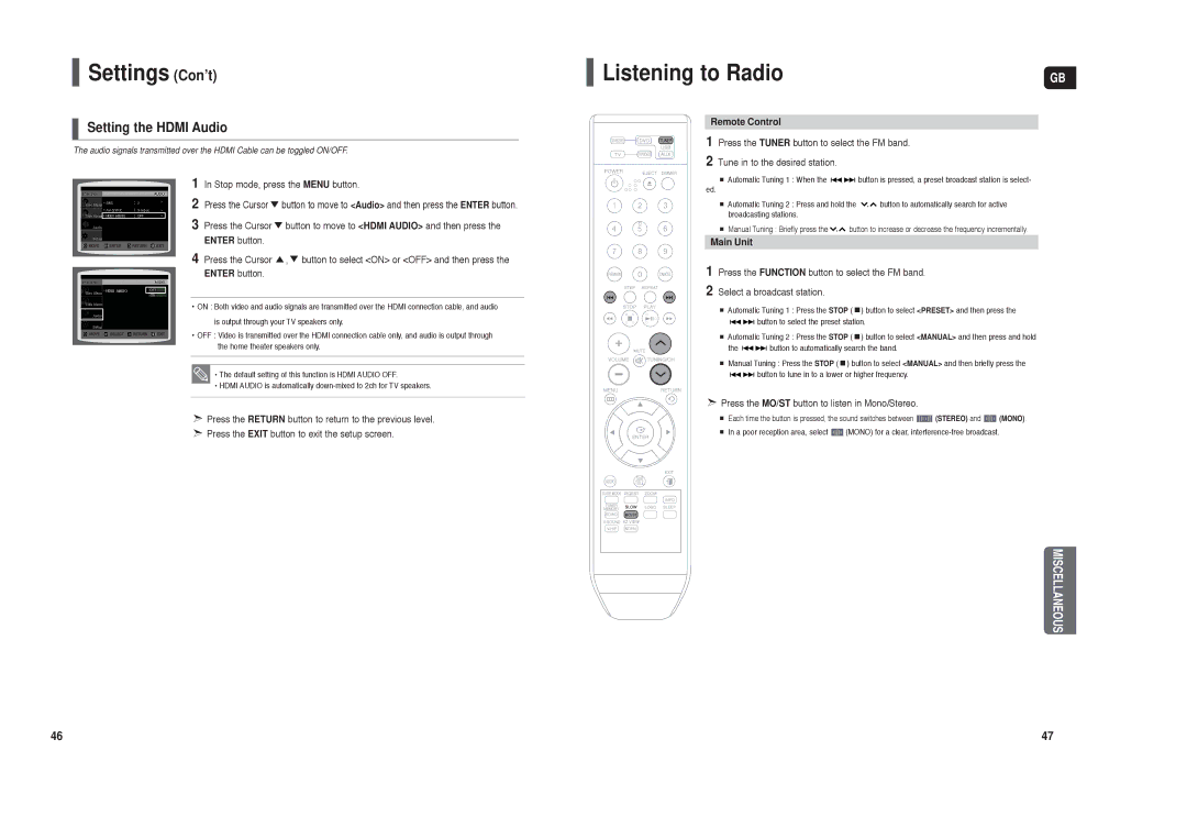 Samsung HT-X200T/ADL, HT-X200R/XEF, HT-X200R/XET, HT-X200R/XEO manual Listening to Radio, Setting the Hdmi Audio 