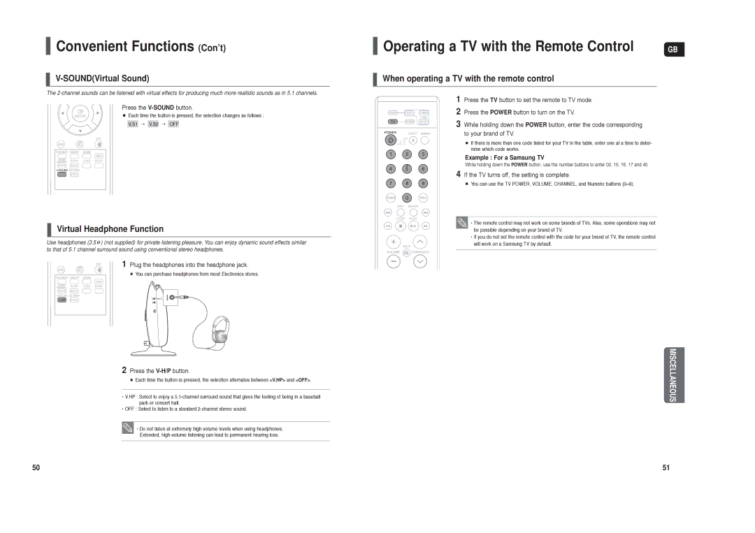 Samsung HT-X200R/XET, HT-X200T/ADL Convenient Functions Con’t, Operating a TV with the Remote Control, SOUNDVirtual Sound 