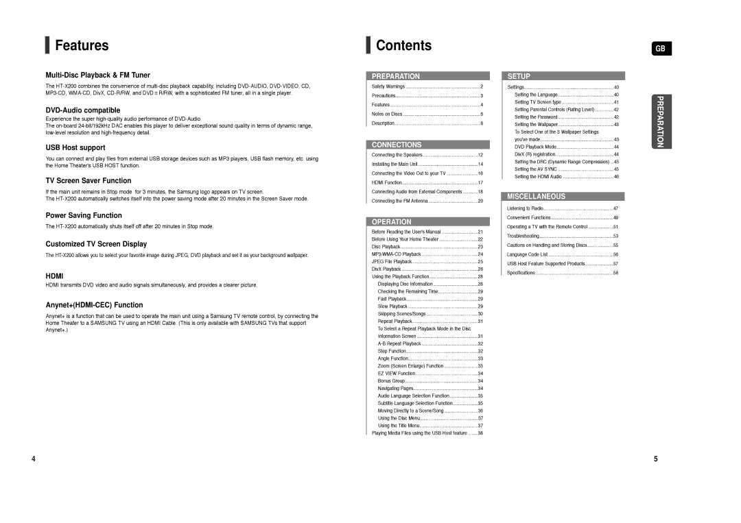 Samsung HT-X200R/XEO, HT-X200T/ADL, HT-X200R/XEF, HT-X200R/XET manual Features, Contents 