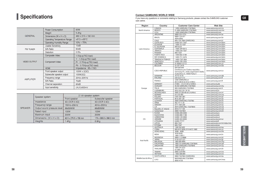 Samsung HT-X200R/XET, HT-X200T/ADL, HT-X200R/XEF, HT-X200R/XEO manual Specifications, General 