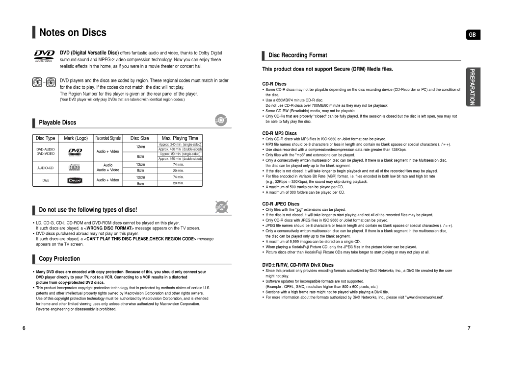 Samsung HT-X200T/ADL, HT-X200R/XEF, HT-X200R/XET CD-R Discs, CD-R MP3 Discs, CD-R Jpeg Discs, DVD R/RW, CD-R/RW DivX Discs 