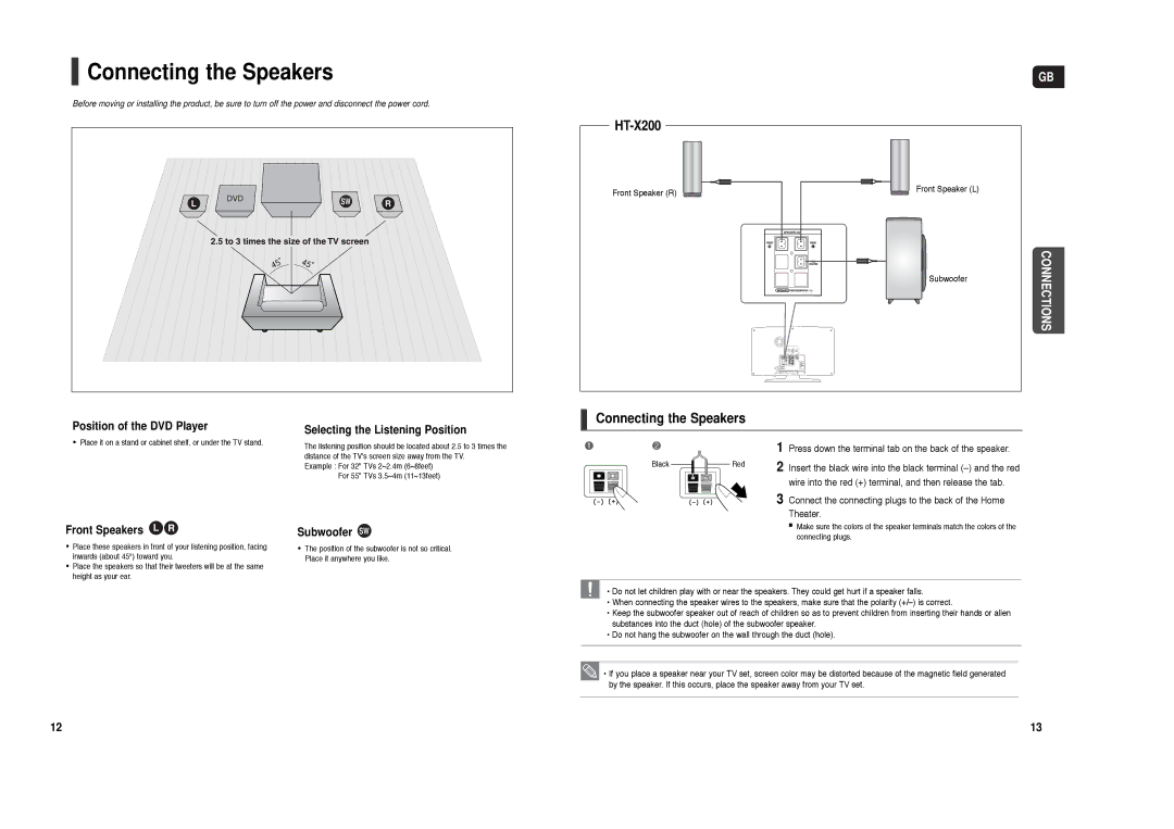 Samsung HT-X200R/XEO, HT-X200T/ADL manual Connecting the Speakers, Press down the terminal tab on the back of the speaker 