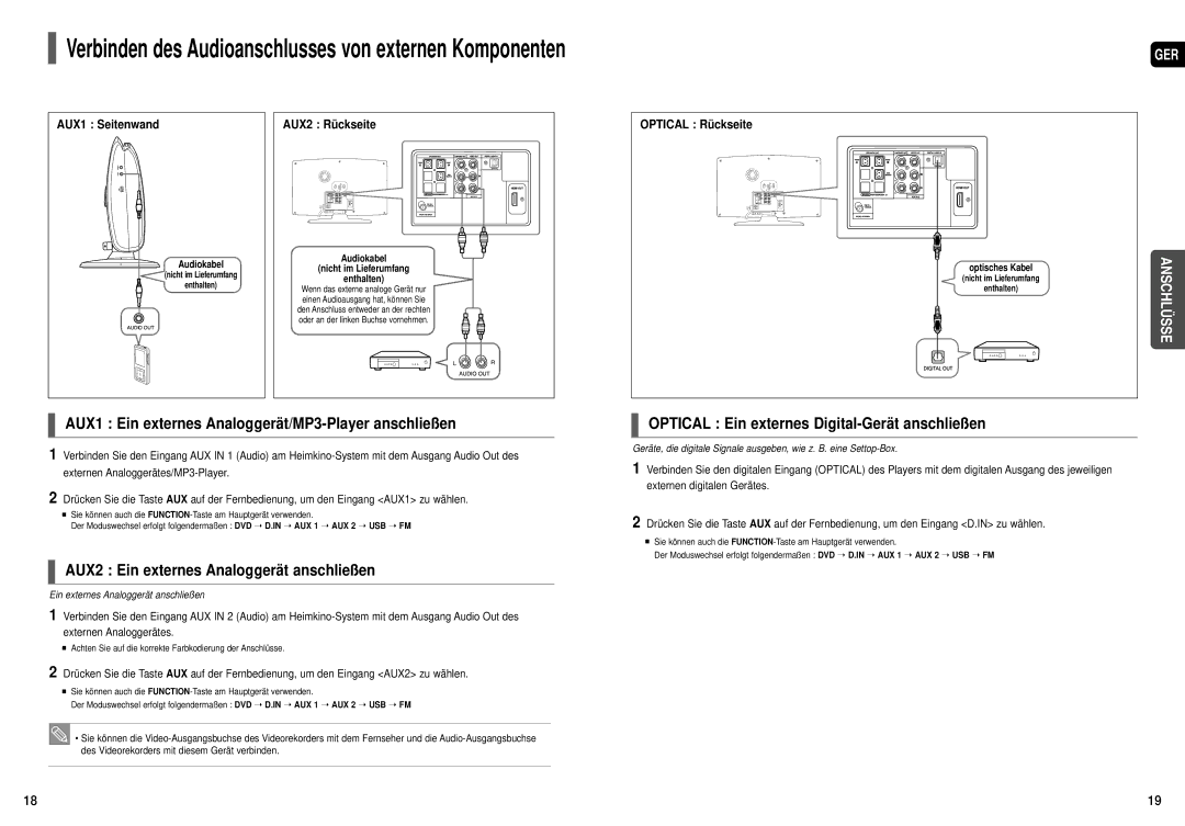 Samsung HT-X200T/ADL Verbinden des Audioanschlusses von externen Komponenten, AUX2 Ein externes Analoggerät anschließen 