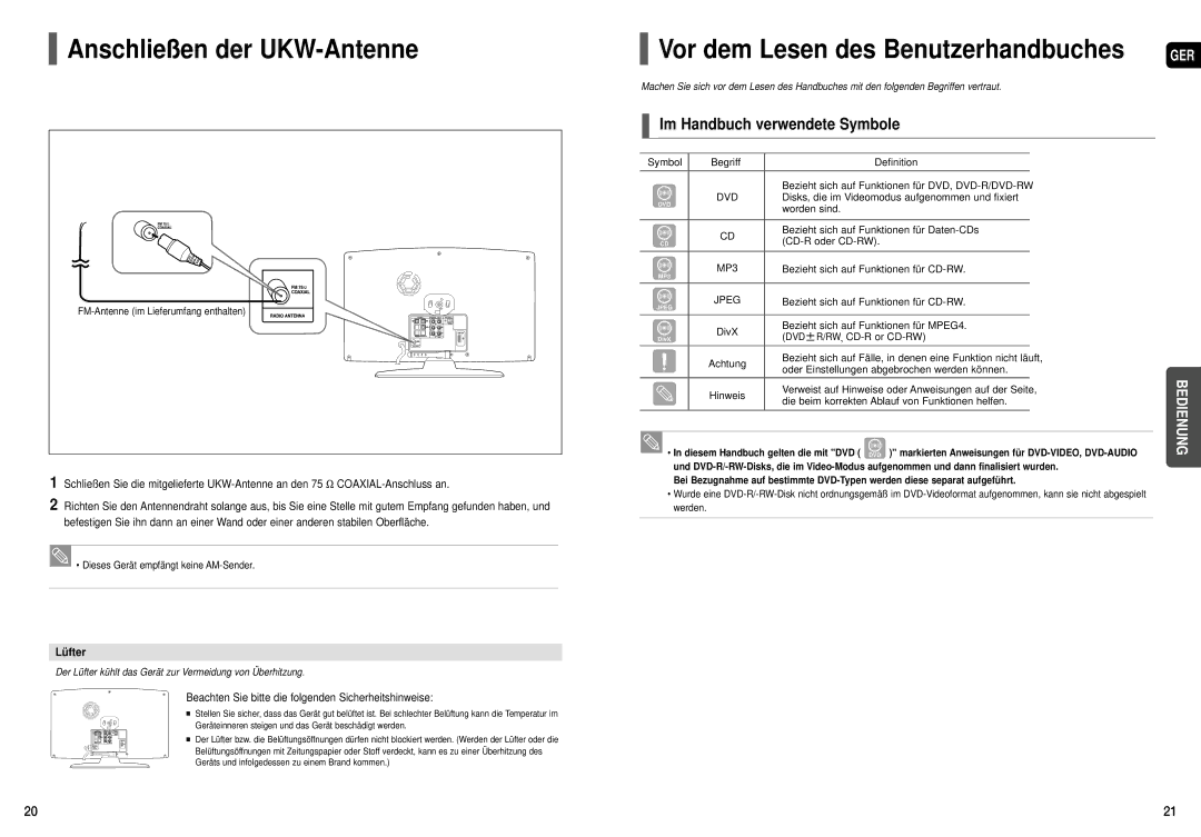 Samsung HT-X200R/XEF, HT-X200T/ADL manual Anschließen der UKW-Antenne, Im Handbuch verwendete Symbole, Lüfter 