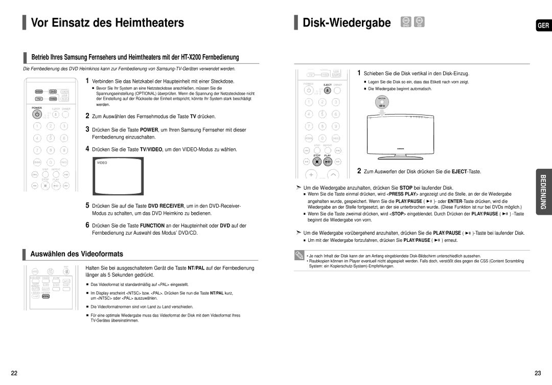 Samsung HT-X200T/ADL, HT-X200R/XEF manual Disk-Wiedergabe, Schieben Sie die Disk vertikal in den Disk-Einzug 