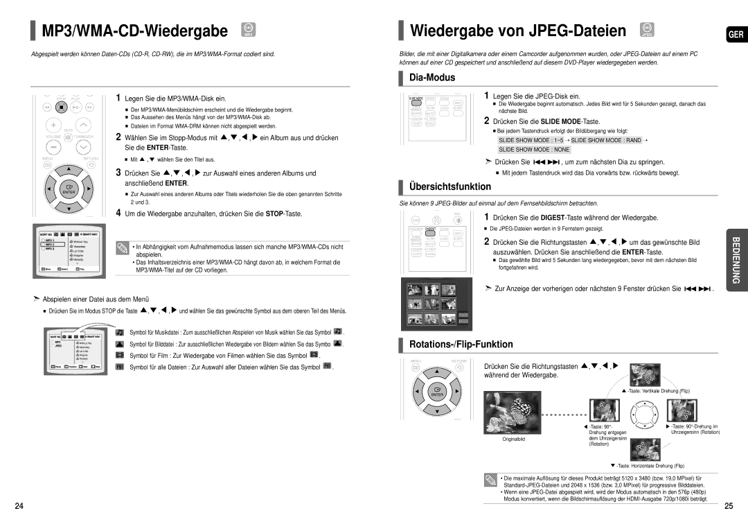 Samsung HT-X200R/XEF, HT-X200T/ADL manual MP3/WMA-CD-Wiedergabe MP3, Dia-Modus, Übersichtsfunktion, Rotations-/Flip-Funktion 