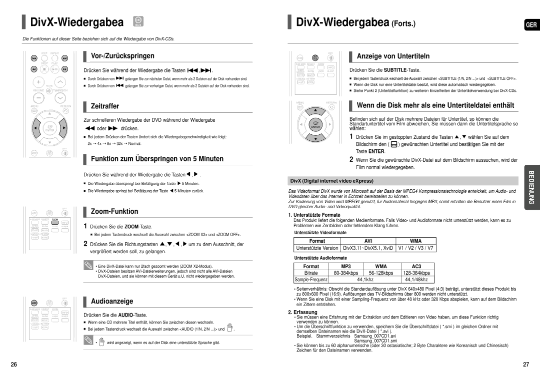 Samsung HT-X200T/ADL, HT-X200R/XEF manual DivX-Wiedergabea DivX, DivX-Wiedergabea Forts 