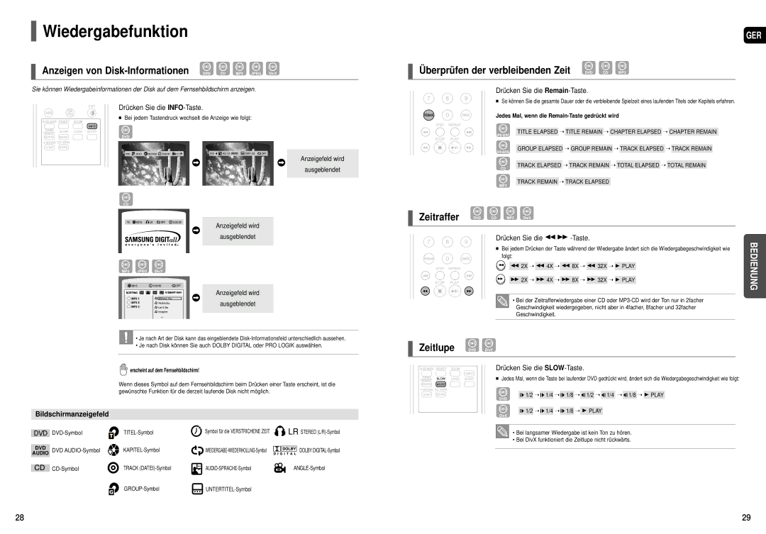Samsung HT-X200R/XEF manual Wiedergabefunktion, Anzeigen von Disk-Informationen DVD CD MP3 Jpeg DivX, Zeitlupe DVD DivX 