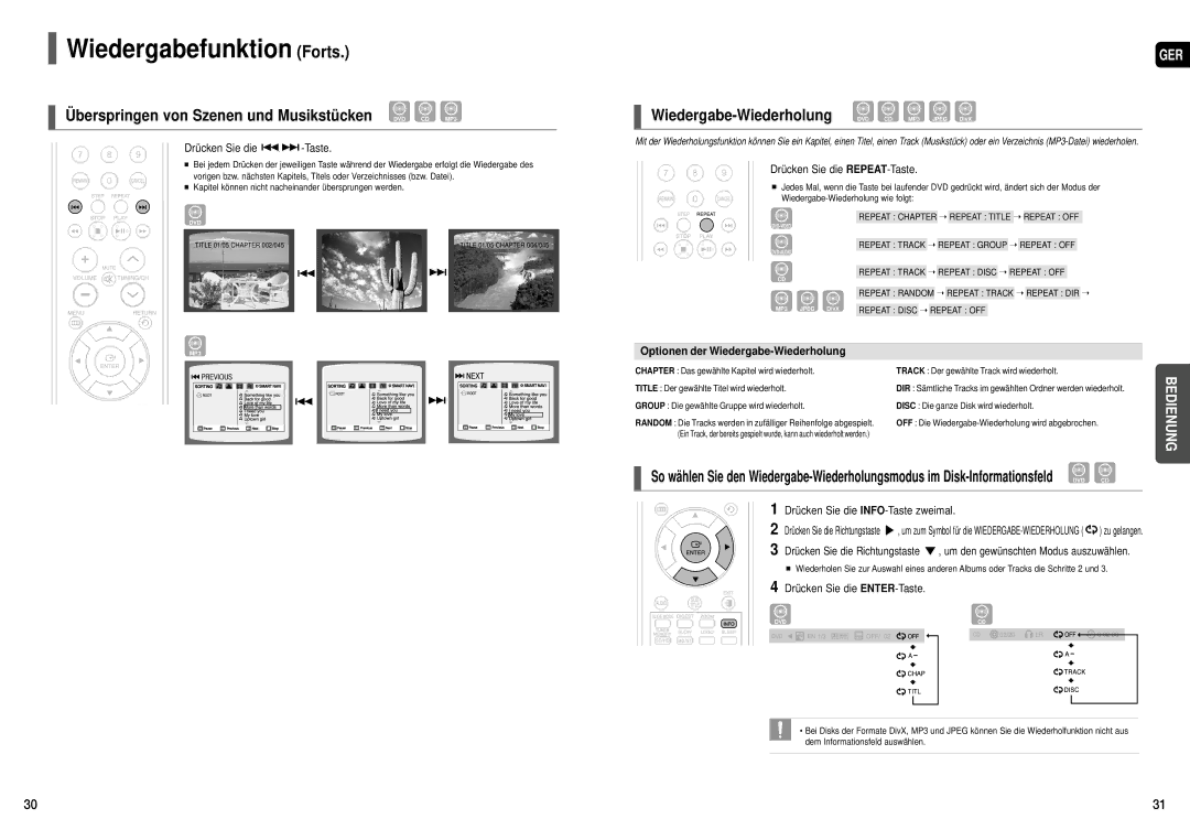 Samsung HT-X200T/ADL, HT-X200R/XEF manual Wiedergabefunktion Forts, Überspringen von Szenen und Musikstücken DVD CD MP3 