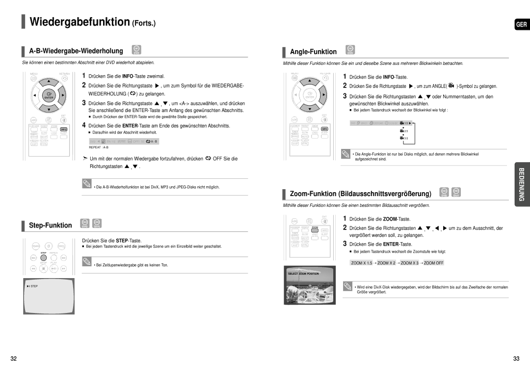 Samsung HT-X200R/XEF, HT-X200T/ADL manual Wiedergabe-Wiederholung DVD, Step-Funktion DVD DivX, Angle-Funktion DVD 