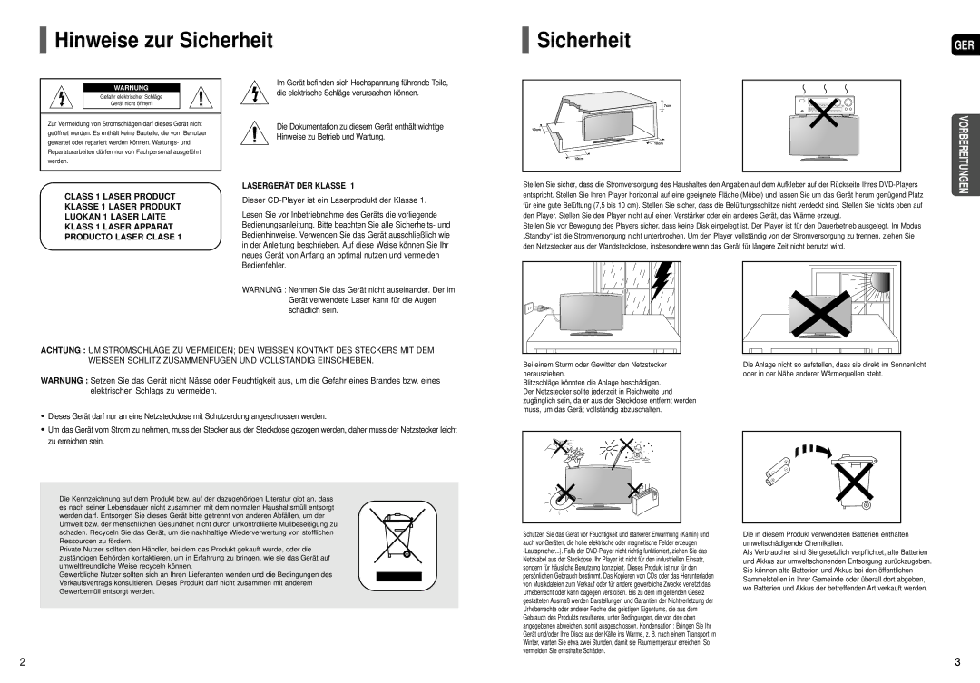 Samsung HT-X200T/ADL, HT-X200R/XEF manual Hinweise zur Sicherheit, Dieser CD-Player ist ein Laserprodukt der Klasse 