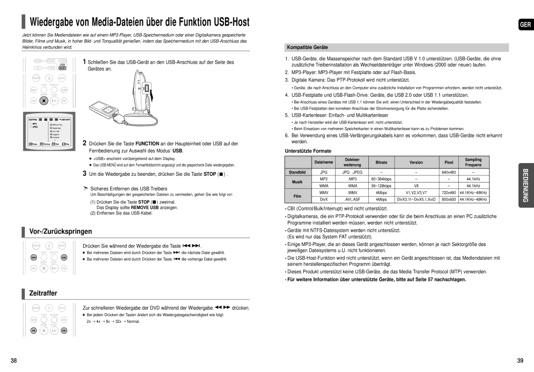 Samsung HT-X200T/ADL manual Drücken Sie während der Wiedergabe die Taste, Kompatible Geräte, Entfernen Sie das USB-Kabel 