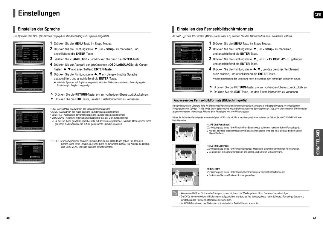 Samsung HT-X200R/XEF, HT-X200T/ADL manual Einstellungen, Einstellen der Sprache, Einstellen des Fernsehbildschirmformats 