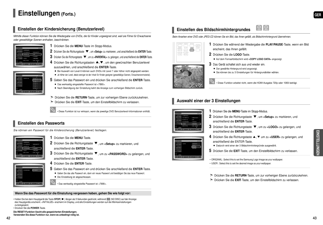 Samsung HT-X200T/ADL manual Einstellungen Forts, Einstellen der Kindersicherung Benutzerlevel, Einstellen des Passworts 