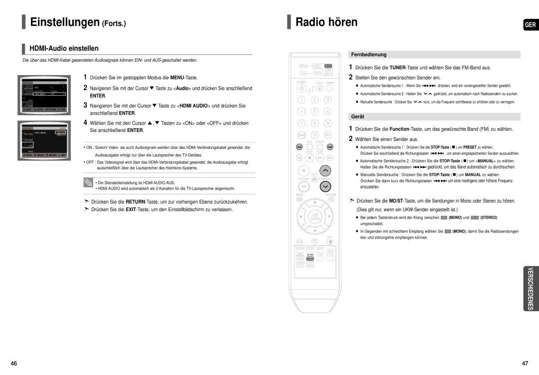 Samsung HT-X200T/ADL, HT-X200R/XEF manual Radio hören, HDMI-Audio einstellen, Fernbedienung, Gerät 