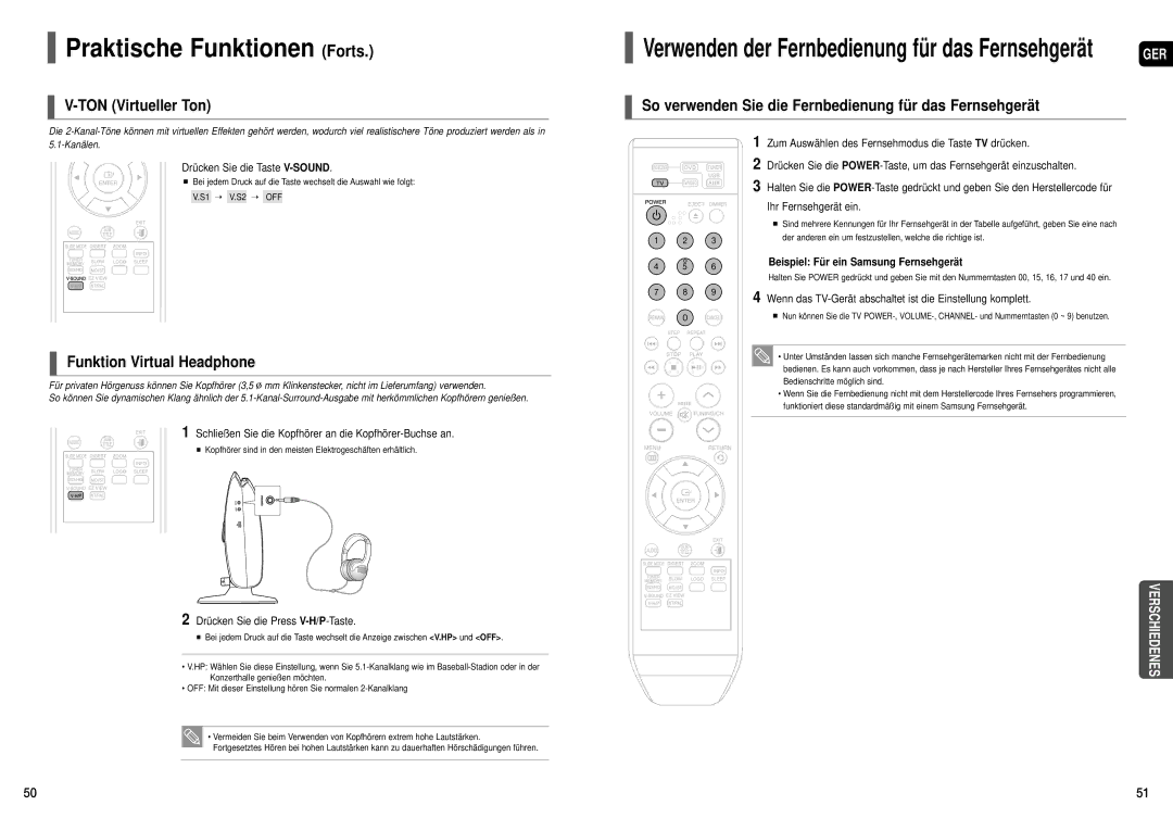 Samsung HT-X200T/ADL, HT-X200R/XEF manual Praktische Funktionen Forts, TON Virtueller Ton, Funktion Virtual Headphone 