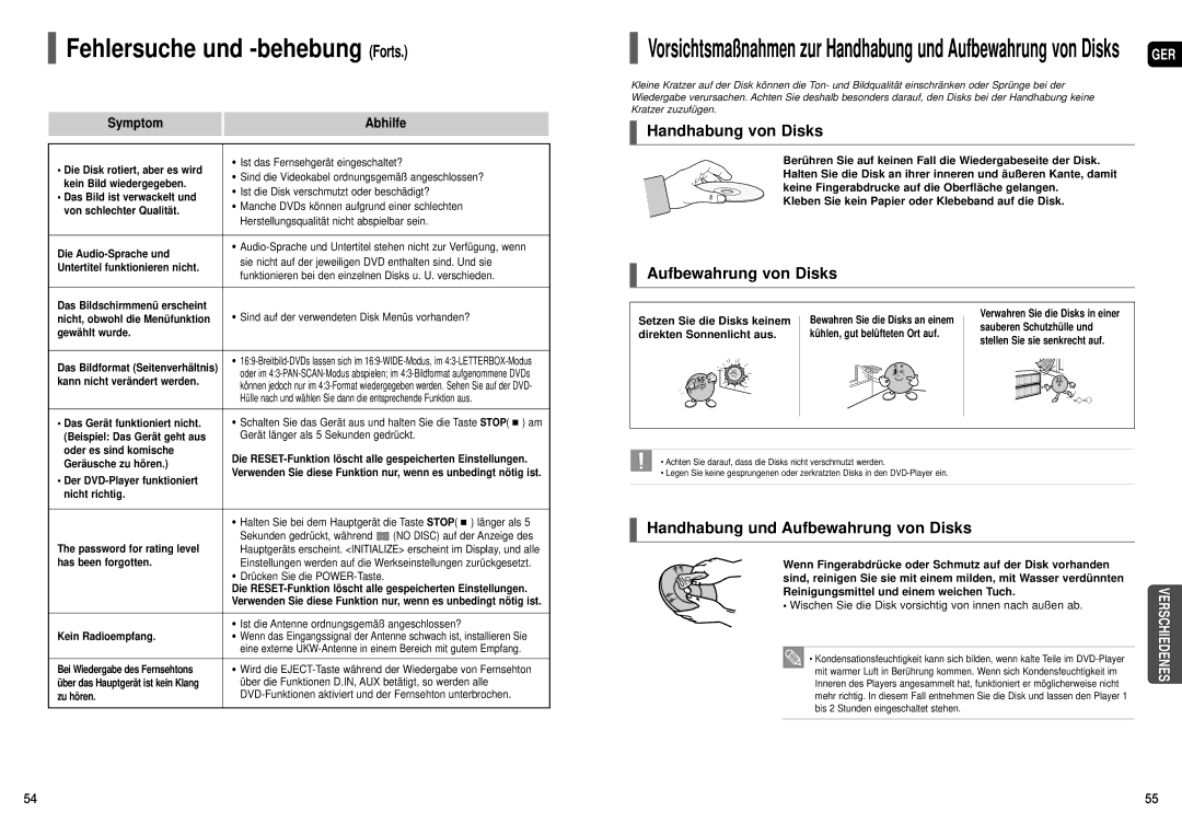 Samsung HT-X200T/ADL, HT-X200R/XEF manual Fehlersuche und -behebung Forts, Handhabung von Disks, Aufbewahrung von Disks 