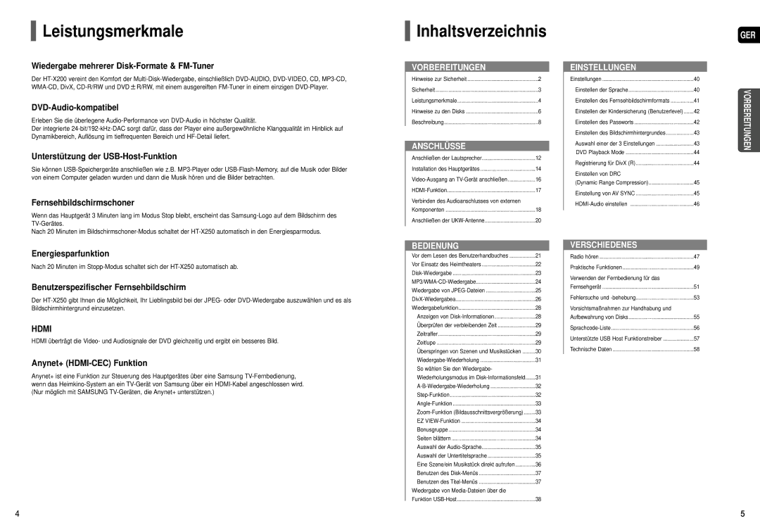 Samsung HT-X200R/XEF, HT-X200T/ADL manual Leistungsmerkmale, Inhaltsverzeichnis 