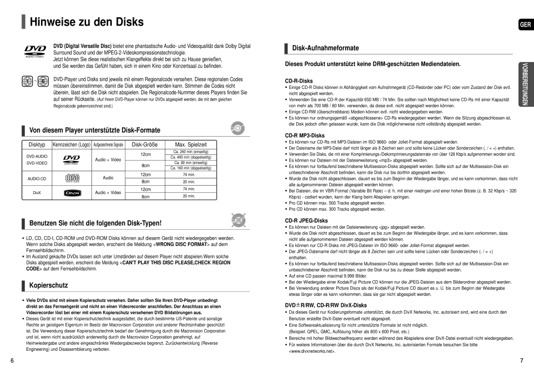 Samsung HT-X200T/ADL, HT-X200R/XEF manual Hinweise zu den Disks, Von diesem Player unterstützte Disk-Formate, Kopierschutz 