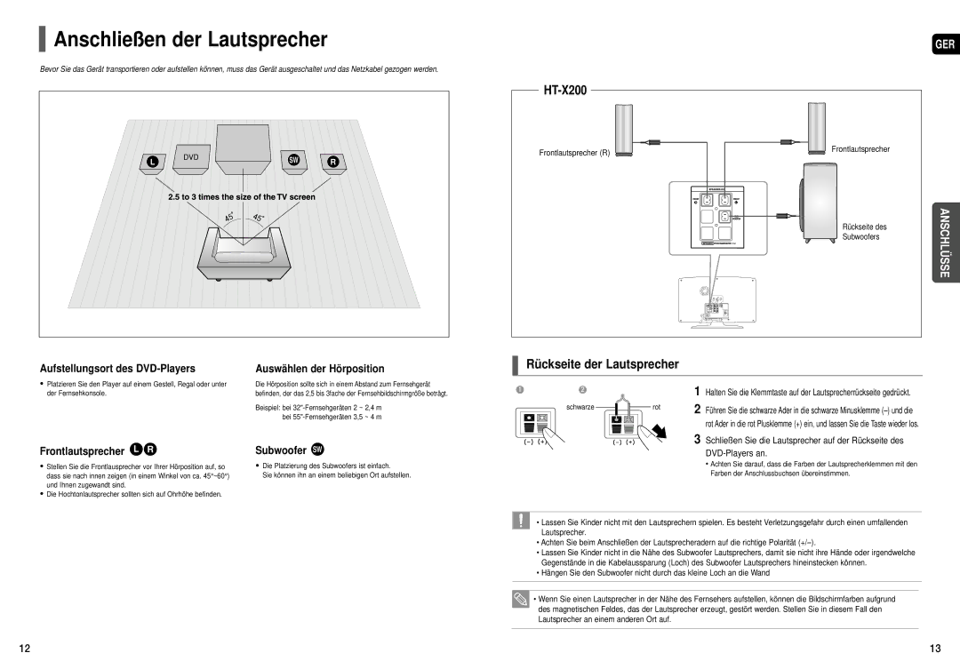 Samsung HT-X200R/XEF, HT-X200T/ADL manual Anschließen der Lautsprecher, Rückseite der Lautsprecher, Der Fernsehkonsole 