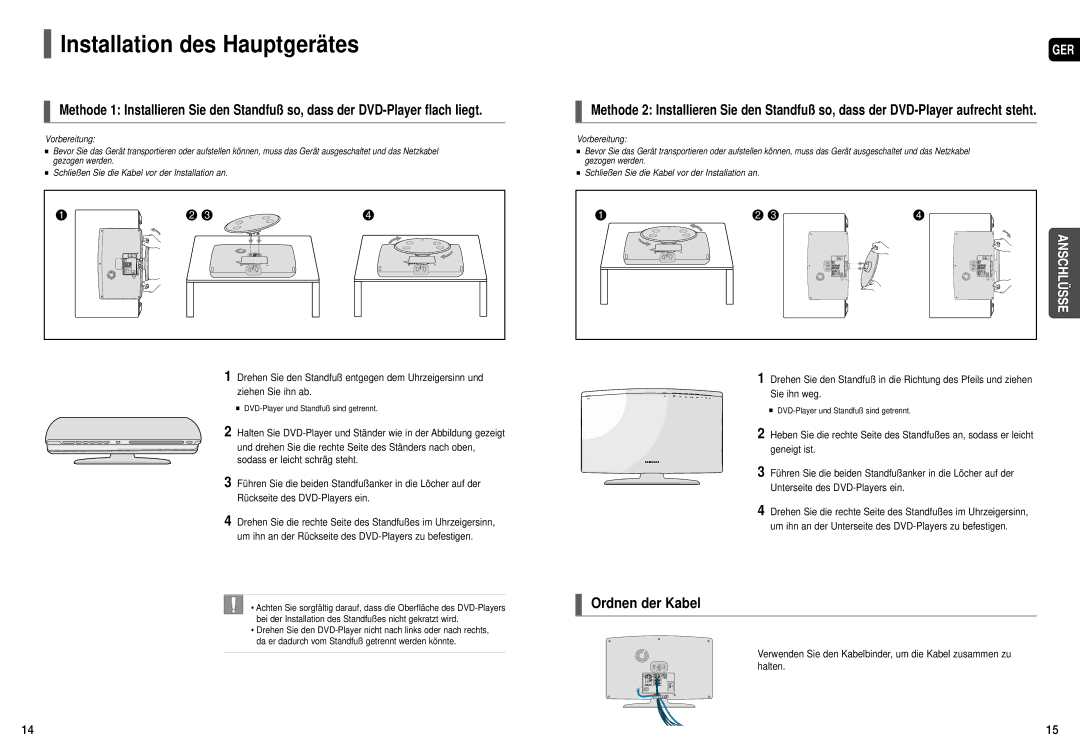 Samsung HT-X200T/ADL, HT-X200R/XEF manual Installation des Hauptgerätes, Ordnen der Kabel 