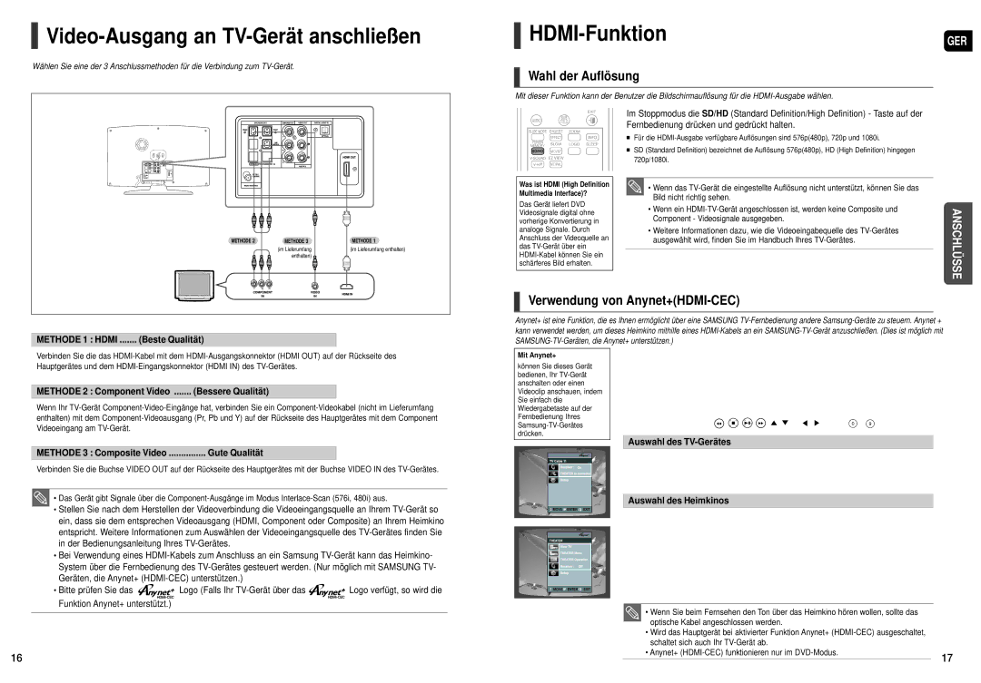 Samsung HT-X200R/XEF, HT-X200T/ADL manual Video-Ausgang an TV-Gerät anschließen, HDMI-Funktion, Wahl der Auflösung 