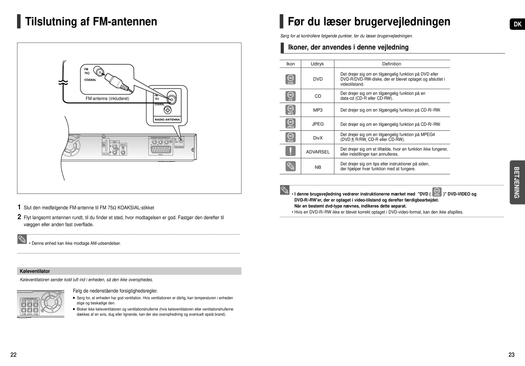 Samsung HT-X20R/XEE Tilslutning af FM-antennen, Før du læser brugervejledningen, Ikoner, der anvendes i denne vejledning 