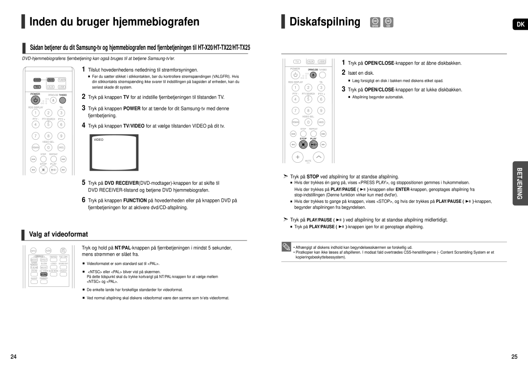 Samsung HT-X20R/XEE manual Diskafspilning DVD CD, Tryk på OPEN/CLOSE-knappen for at lukke diskbakken 