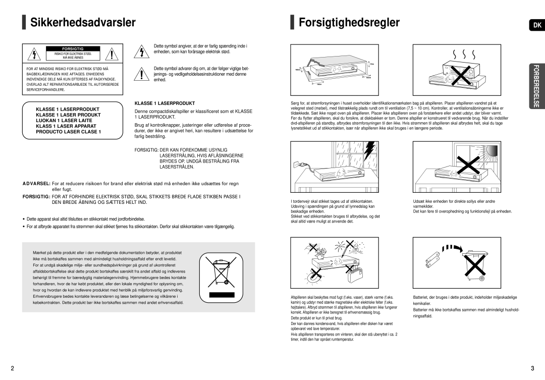 Samsung HT-X20R/XEE Sikkerhedsadvarsler ForsigtighedsreglerDK, Denne compactdiskafspiller er klassificeret som et Klasse 