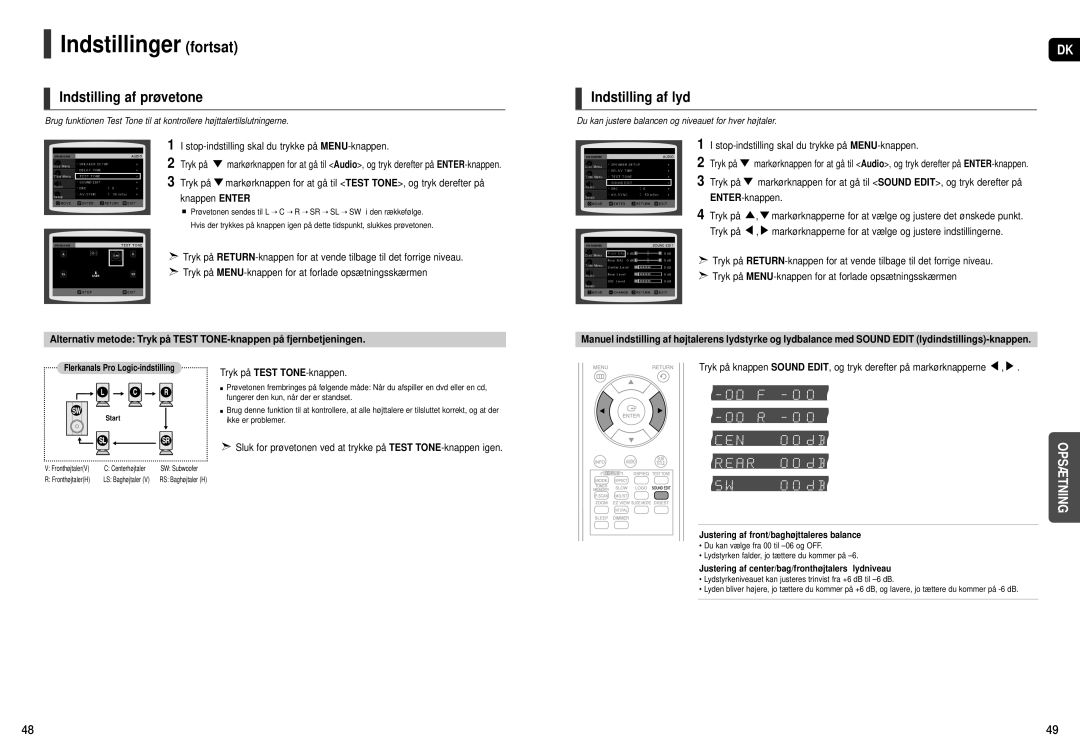 Samsung HT-X20R/XEE manual Indstilling af prøvetone, Indstilling af lyd 