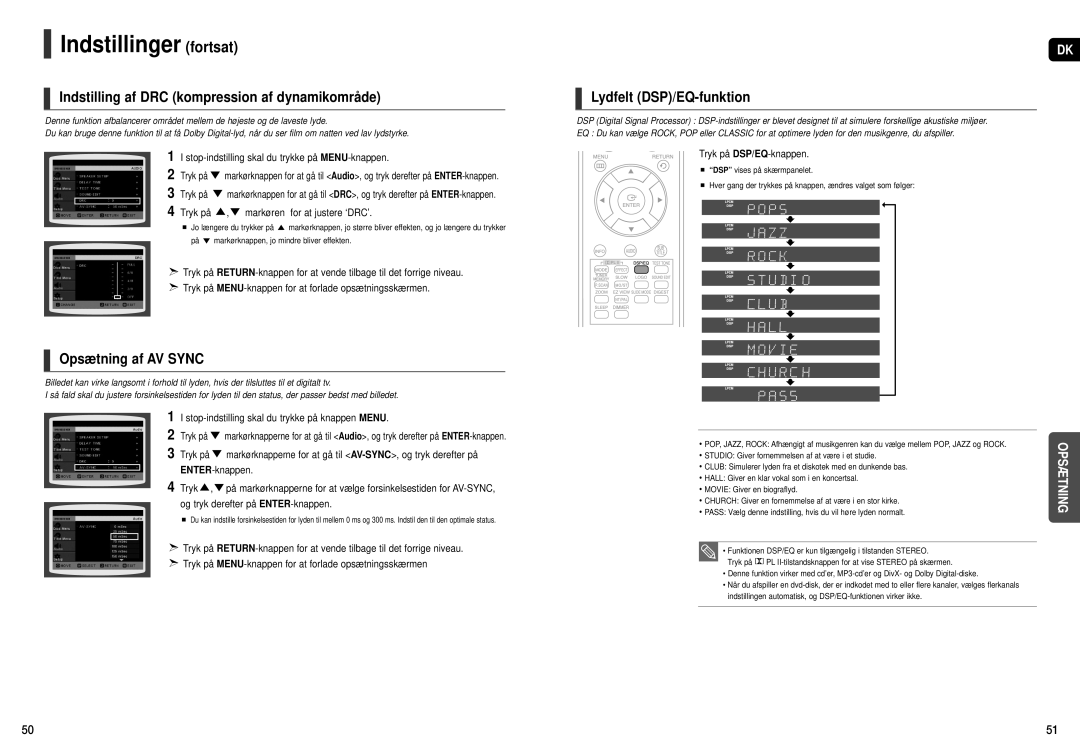 Samsung HT-X20R/XEE manual Opsætning af AV Sync, Tryk på , markøren for at justere ‘DRC’, Tryk på DSP/EQ-knappen 