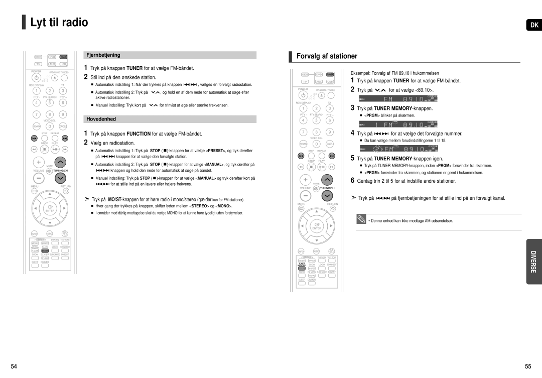 Samsung HT-X20R/XEE manual Lyt til radio, Forvalg af stationer, Fjernbetjening, Hovedenhed 