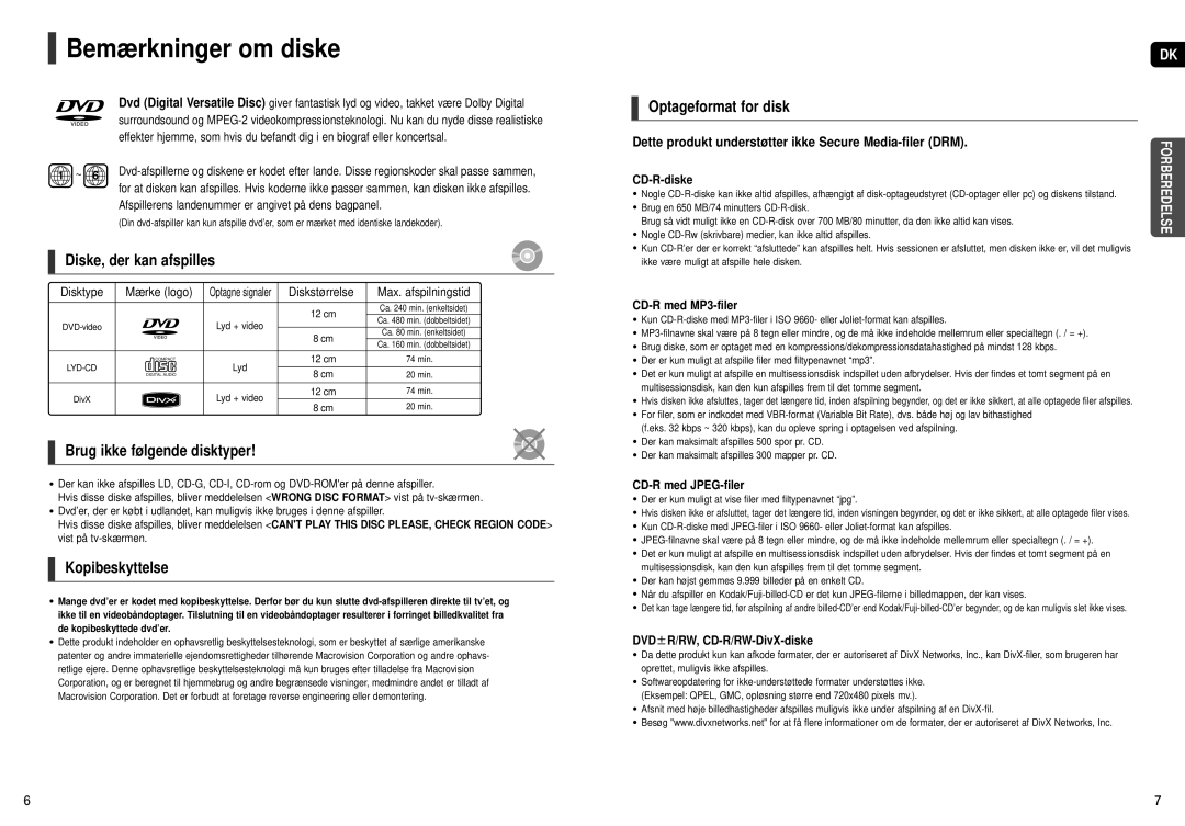 Samsung HT-X20R/XEE manual Bemærkninger om diske, Diske, der kan afspilles, Brug ikke følgende disktyper, Kopibeskyttelse 