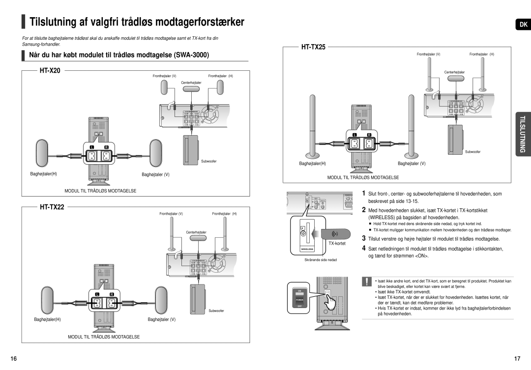 Samsung HT-X20R/XEE manual Tilslutning af valgfri trådløs modtagerforstærker 