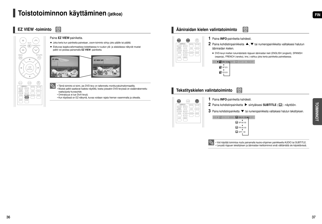 Samsung HT-X20R/XEE manual EZ View -toiminto, Tekstityskielen valintatoiminto, Paina EZ VIEW-painiketta 