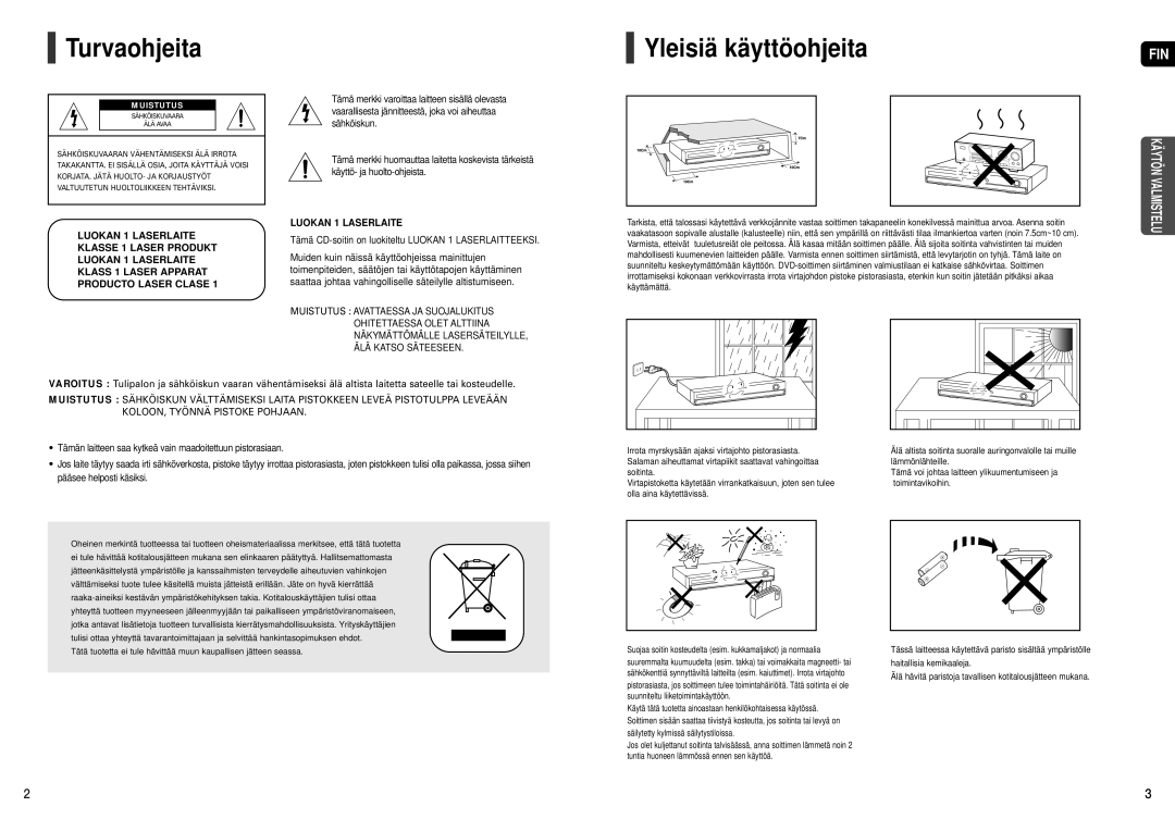 Samsung HT-X20R/XEE manual Turvaohjeita, Yleisiä käyttöohjeita 