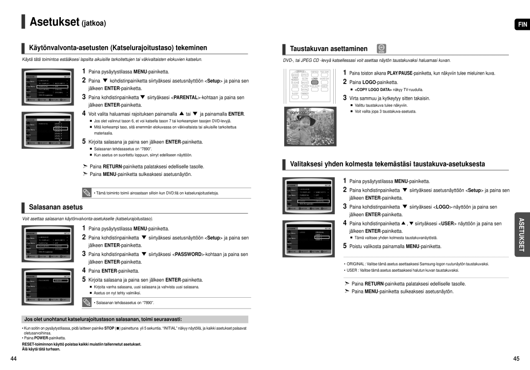 Samsung HT-X20R/XEE manual Asetukset jatkoa, Käytönvalvonta-asetusten Katselurajoitustaso tekeminen, Salasanan asetus 