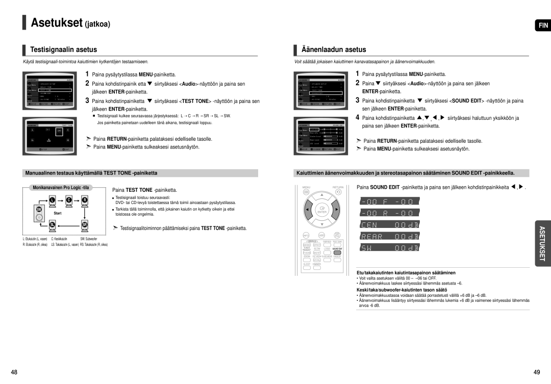 Samsung HT-X20R/XEE manual Testisignaalin asetus, Äänenlaadun asetus, Manuaalinen testaus käyttämällä Test Tone -painiketta 