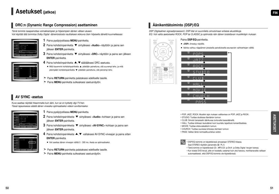 Samsung HT-X20R/XEE manual AV Sync -asetus, Jälkeen ENTER-painiketta Paina kohdistinpainikkeita 