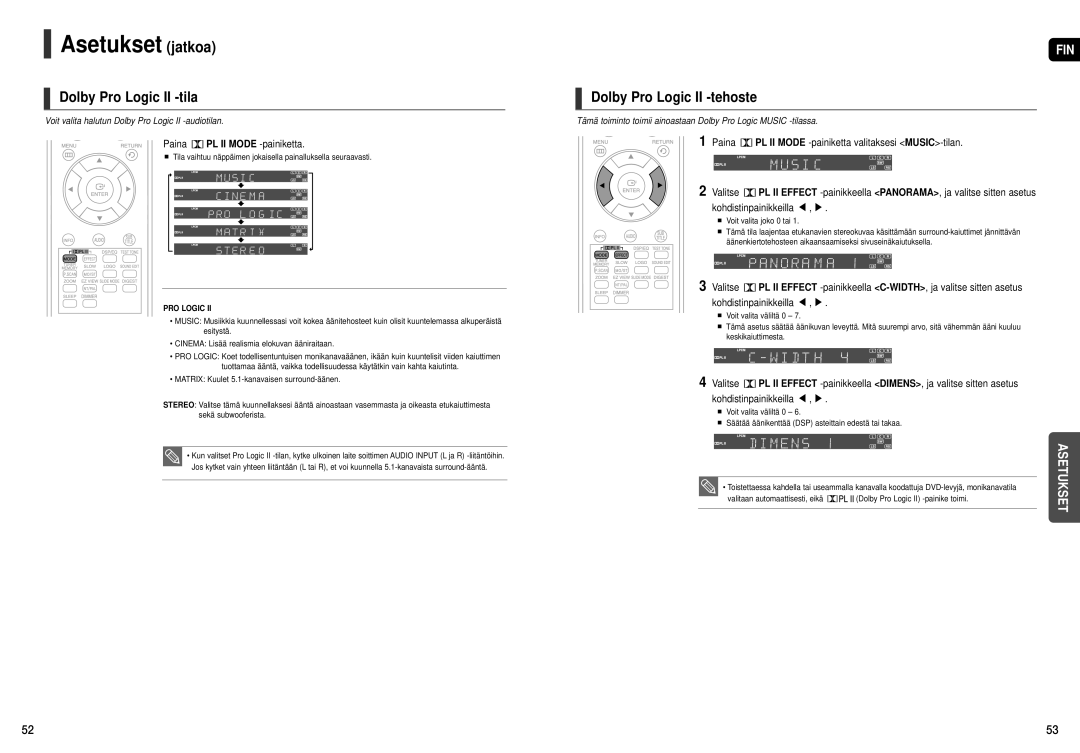 Samsung HT-X20R/XEE manual Dolby Pro Logic II -tila, Dolby Pro Logic II -tehoste, Paina PL II Mode -painiketta 