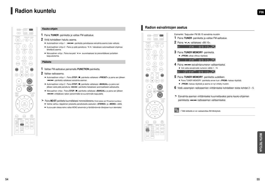 Samsung HT-X20R/XEE manual Radion kuuntelu, Radion esivalintojen asetus, Kauko-ohjain, Päälaite 